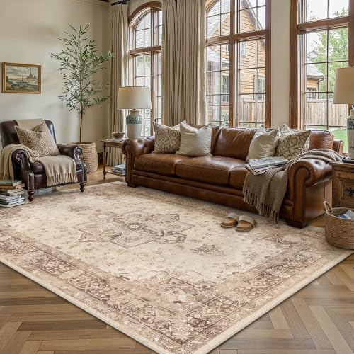 PureCozy Braun Vintage Teppich Wohnzimmer 140x200cm Waschbar | Waschbarer Teppich, Weich Rutschfest, Kurzflor im Retro, für wohnzimmerteppich Schlafzimmer Esszimmer, Groß Teppich