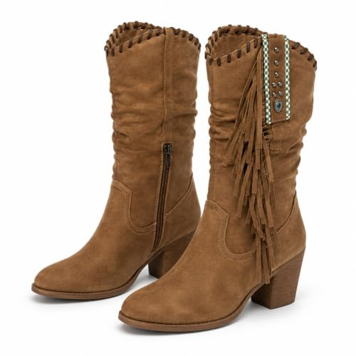 ENEN Santiag Femme Cuir Western, Taille 34-43 Santiag Femme Gros Mollet Bottes Cowboy Talon Haut avec Fermeture Éclair Bottes Western Country pour Trekking