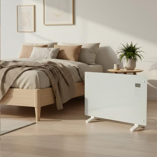 M Mimotec Elektrischer Konvektorheizkörper aus weißem Glas 2000W, leise 0 dB, mit LED-Display, Timer und Kindersperre, Boden- oder Wandmontage, ideal für Räume bis 20 m².