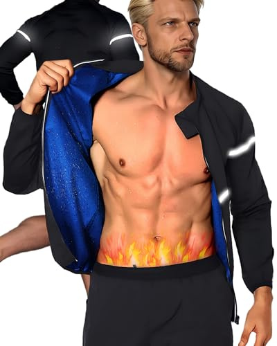 Saknuobo Schwitzanzug Herren Sauna, Schwitzjacke Herren REFLEKTIEREND Fitness Kleidung Herren, Reißverschluss Schweiß Sauna Suit Shapewear, Schweißfördernde Abnehmen für Gym, Fettverbrennung