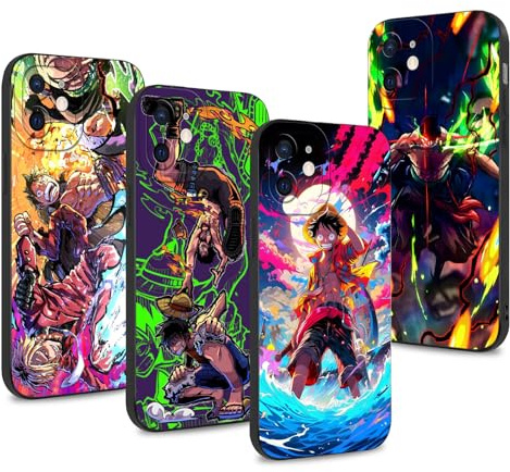 4 Pack Manga Phone Case For iPhone 12 6.1‘’, Anime Luffy Gear 5 Nika Zoro Cartoon Pattern Shockproof Aesthetics Design Full lens Protection Cover for Children Boy Girl
