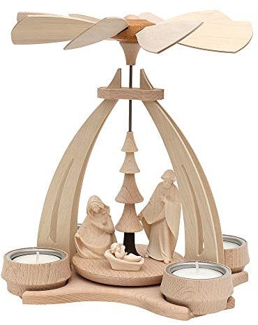 Tisch-Pyramide aus Buchenholz Christi Geburt mit Handgeschnitzten Tiroler Figuren für 4 Teelichter L/B/H ca. 18 x 14 x 24 cm