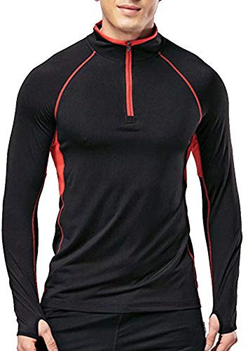 Muscle Alive Men's Quarter Zip Running Active T Shirts Workout Long Sleeve Jersey with Thumb Holes Polyester and Spandex Black XL