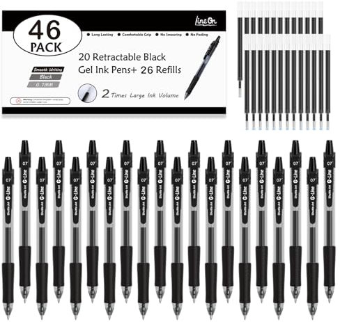 Black Gel Pens, 46 Pack (20 Gel Pens with 26 Refills) Lineon Retractable Medium Point Gel Pens Smooth Writing with Comfortable Grip for Office School