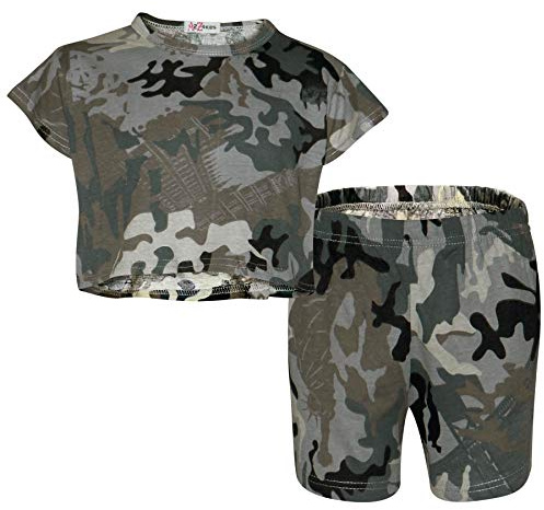 A2Z 4 Kids Kids Girls Top & Half Pant Summer Sets - Girls Crop & Shorts Camo Charcoal 9-10