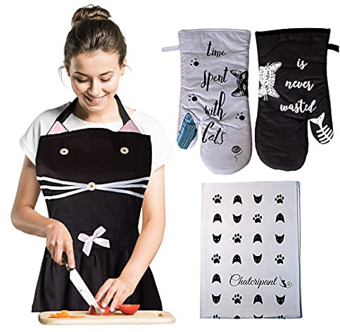Tablier de Cuisine Femme Motif Chat Noir Gants Maniques Anti Chaleur Four Torchon Idée Cadeau Humour Rigolo Drole Design Fantaisie Chic Adulte Fille Maman Anniversaire (Tablier, Gants et torchon)