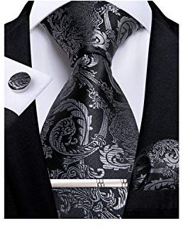 DiBanGu Cravate pour homme en soie cachemire floral cravate poche carré boutons de manchette pince à cravate ensemble, Noir/gris, 150