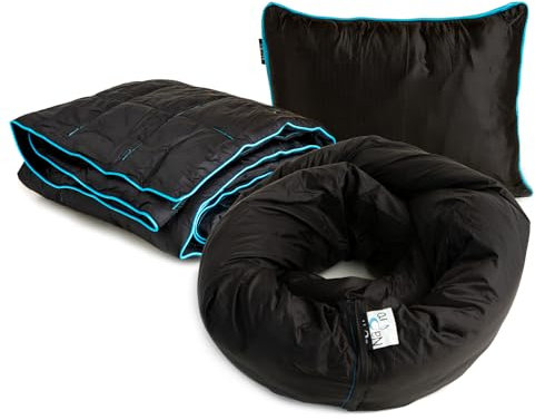 NaPro Adventure 3-in-1 Reisekissen und Decke, schwarz mit türkisfarbenem Rand, wasserabweisende Nylon-Decke/Poncho, dient auch als Kissenfüllung