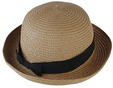 Amosfun Faltbarer Sommer Strohhut Bowknot Roll-Up Sonne Strandkappe Cloche Eimer Breite Krempe Hut für Weibliche Mädchen Dame (Leichter Kaffee)