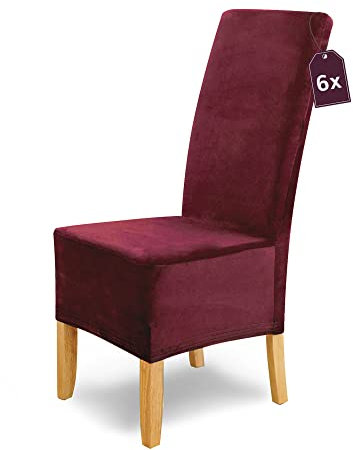 Scheffler Home Stuhlhussen Puma Velano Bordeaux 6er Set – Elastische waschbare Stuhlbezüge aus Samt für Esszimmerstühle und Polsterstühle – Edler Chenille Stuhlüberzug