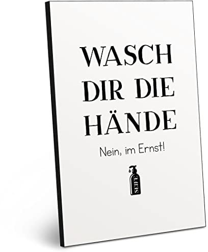 ARTFAVES® Holzbild mit Spruch - Wasch dir die Hände | modernes Holzschild schwarz-Weiss zur Dekoration oder als Geschenk zum Thema Bad/Badezimmer/WC/Toilette/Familie