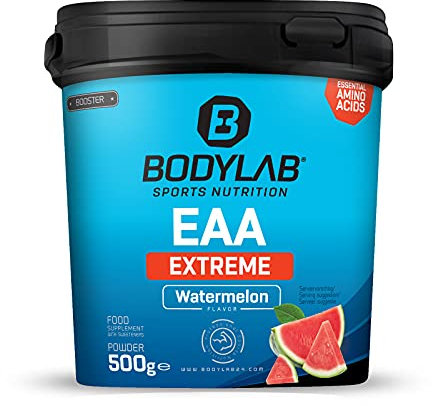 Bodylab24 EAA Extreme 500g sandía, aminoácidos esenciales, con 1,5g de glutamina, 1g de alanina y vitaminas B6 y B3 como bebida afrutada para la regeneración y la construcción muscular