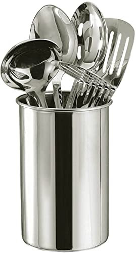 Acense Kitchen Tool Stainless Steel Set 6 Pieces, Includes Sturdy Holder, Solid Spoon, Straining Spoon, Masher, Utensil Holder Turner Ladle, Dishwasher Safe