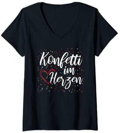 Damen Fasching Karneval Kostüm Party lustig Konfetti im Herzen T-Shirt mit V-Ausschnitt