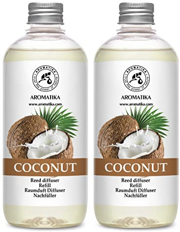 Raumduft Diffuser Nachfüller Kokos - 2x500ml - Nachfüller Set für Duftdiffusor - Reed Diffuser Refill - Raumbeduftung - Zimmerduft Diffuser Nachfüllen - Raumluft - Aromadiffuser - Kokosduft