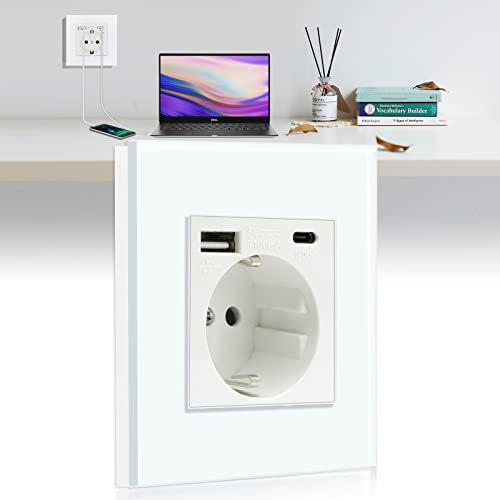 BSEED Schuko Steckdose mit USB (Max. 2.1A) und Typ C Port Weiß Glas Unterputz Steckdose Schutzkontakt-Steckdose Ladegerät für Handys, Laptops etc