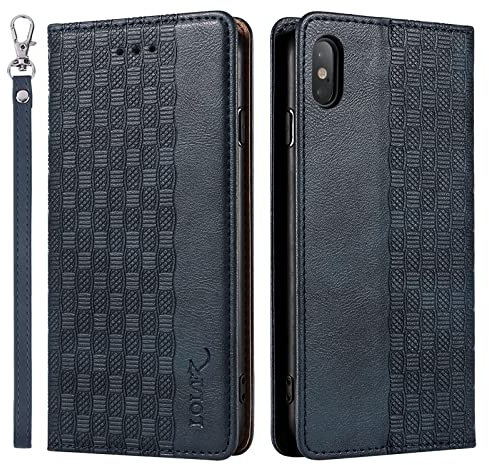 LOLFZ Case for iPhone XS Max, Leather Flip Wallet Case Card Slots Kickstand Wrist Strap Protective Magnetic Phone Case Cover for Apple iPhone XS Max - Blue