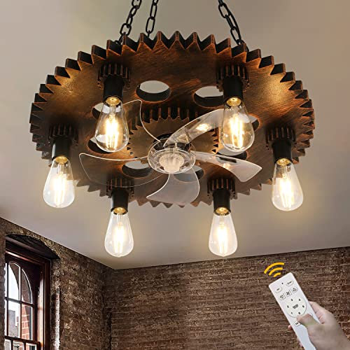 23.6in Gear Ceiling Fan With Light,Bladeless Ceiling Fan With Remote Control, 6 Speeds Retro Ceiling Fans With Lights for Slanted Ceilings And Living Room, Vintage Copper (6 E26 Bulb Include)