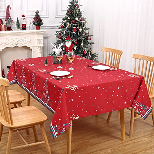 JOLLYTOP Tischdecke Weihnachtstafeldecke Abwaschbar Tischdekoration für Xmas Wasserabweisend Tischtuch mit Stern Muster Knitterfrei Tischdecke für Esszimmer Schmutzabweisend Tischtuch,Rot,137x200cm