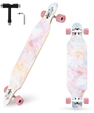 TLHB Longboard Skateboard complet à 9 plis en érable naturel de qualité supérieure pour adultes, adolescents et enfants, roulements à haute vitesse et outil en T, 104 cm, sable rose