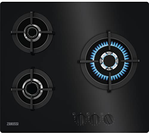 Zanussi ZGO68332BA Plaque à gaz, 3 feux, brûleur Wok, commandes avant, chaleur instantanée, allumage électronique, grilles en fonte, thermocouple de sécurité, noir, 60 cm