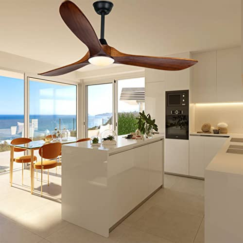 152cm Ventilatore Da Soffitto Esterno - Legno Con Luci e 3 Lame In Legno Massello, Ventilatore da soffitto moderno con luce, Won, silenzioso, 3 temperature di colore, 6 velocità, con telecomando