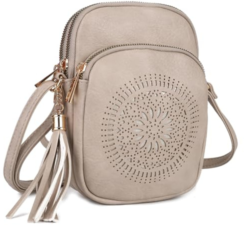 GLITZALL Damen Kleine Quasten-Umhängetasche,Ausgehöhlt,Modisch Beige | Viele Taschen, Verschluss mit Metallreißverschluss, verstellbare Schulterriemen, im Boho-Stil