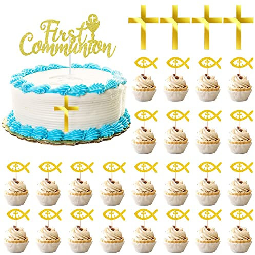 30 Stücke Cake Topper Kommunion Tortendeko Kommunion Tortendeko Taufe Kommunion Torte Deko Fisch Taufe Tortendeko Kommunion Acryl-Kreuz-Tortenaufsatz für Junge Mädchen Kommunion Taufe Konfirmation