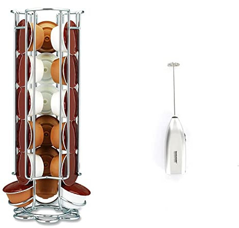Fackelmann Set incluye 1 Soporte Cápsulas de Café Vertical en Elegante y Resistente Acero Cromado, para 18 cápsulas Dolce Gusto y 1 Espumador de Leche, Mini Batidor Capuchino