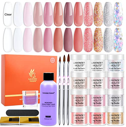 Lavender Violets Acrylic Powder and Liquid Set 12 Colours Clear Nude Pink Glitter Gold Sliver with Monomer Nail Brush Nail Forms for Nail Extension Building 3D Carving Marble Styling Beginner N960A
