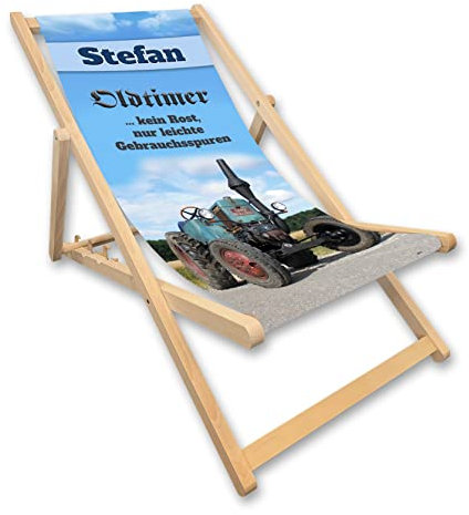 Unikatolo Liegestuhl mit Name personalisiert | Oldtimer Traktor | Strandstuhl, Geschenkidee Männer runder Geburtstag | individuelles Geschenk | Landwirt Deko