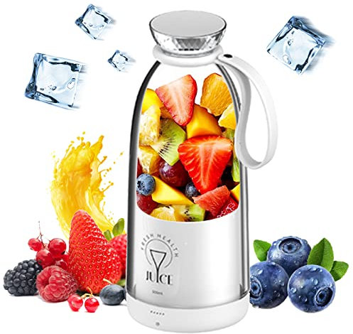 Batidora Portatil Fresh Juice, 500ml Licuadora Portátil, USB Recargable Mini Batidora, Botella Batidora Multifuncional con 6 Cuchillas, Batidora Smoothie para Viajes, Oficina, Camping (Blanco)