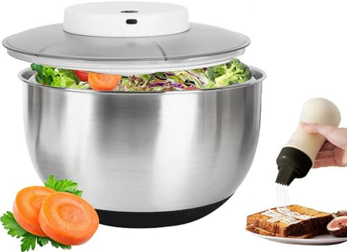 Salatschleuder Edelstahl, 4.8 Liter Salatschüssel mit Deckel, Elektrischer Salat GemüSe Schleuder, Automatische Salad Trockner für Obst Gemüse, Salattrockner Salatmanager, mit Squeeze-Sauce-Flasche