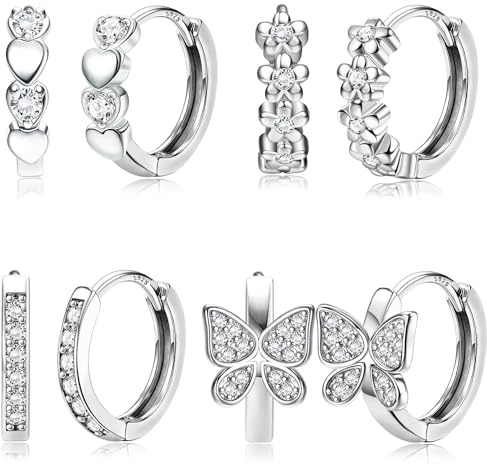 JeweBella 4Paar Ohrringe Silber 925 Mädchen Kinder Kleine Creolen Set | Hypoallergen Ohrringe,Schmetterling Herz Blumen Creolen Ohrringe,Rosa/Lila/Blau/Bunt Zirkonia Ohrringe Kreolen Set,20G