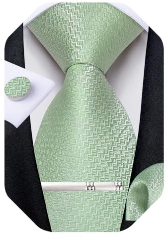 DiBanGu Mens Tie Set Silk Plaid Striped Necktie Woven Pocket Square and Cufflinks Tie Clip Set Formal Wedding, Sage Green, One Size