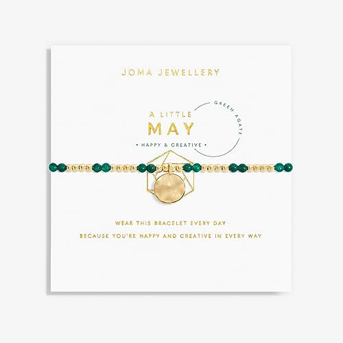 Joma Jewellery A Little Birthstone Gold MAY GREEN AGATE Bracelet | 17.5cm Stretch Adjustable Wrist Stacking Bracelet