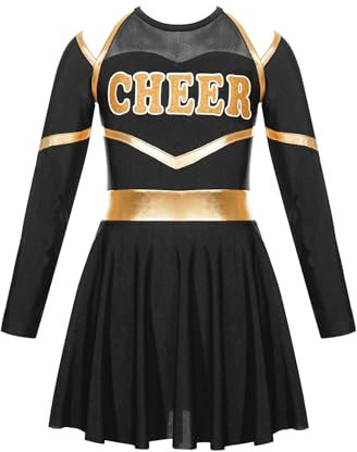Jowowha Mädchen Cheer Leader Cheerleading Kostüm Schulmädchen Uniform Langarm Kleid Halloween Kostüm Karneval Faschingskostüm Schwarz 146-152