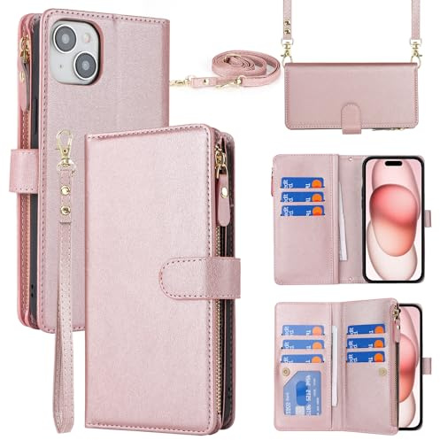 Cavor Compatible with iPhone 15 Case With Card Holder With Strap,Flip Leather Crossbody Wallet Case,[9 Card Holders][Magnetic][Lanyard],Cover Phone Case for women - Rose Gold