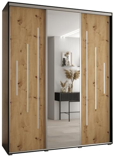 MEBLE KRYSPOL Davos 13 200 Schrank mit DREI Schiebetüren für Schlafzimmer - Moderner Kleiderschrank mit Spiegel, Kleiderstange und Regalen - 235,2x200x45 cm - Schwarz Artisan Silber