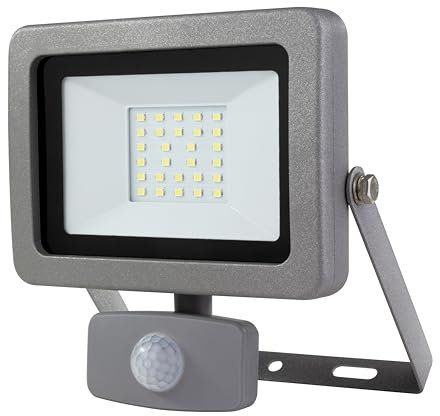 REV Außenlampe mit Bewegungsmelder FLARE - Wandlampe IP44, LED Lampe 20W, 1700 Lumen, 6500K, Erfassungswinkel 120° auf 9m, silber