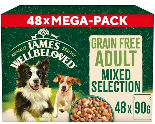 James Wellbeloved Getreidefreies Nassfutter Hundefutter ausgewachsenes mit Truthahn und Lamm im Soßenbeutel, 48 x 90 g