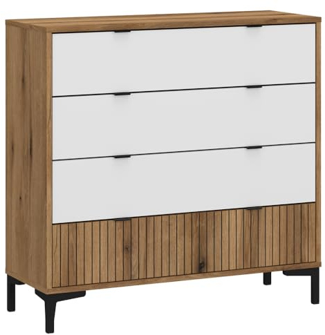 Lomadox Kommode Highboard Sideboard Stauraumschrank Eiche mit weiß und Rillen Optik modern Wohnzimmer Schlafzimmer Jugendzimmer Kinderzimmer