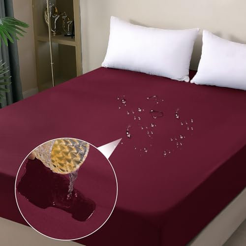 ohano Wasserdichter Matratzenschoner 160x200cm Spannbettlaken, Wasserdichter und Atmungsaktive Matratzenbezug, Inkontinenzauflage,Nässeschutz Bettlaken Spannbetttücher,für alle Jahreszeiten-Bordeaux