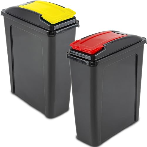 2x25L Mülltonne Schwarz-Gelb-Rot Mülleimer Küche 2 Fächer 2 Bin Gelber Sack