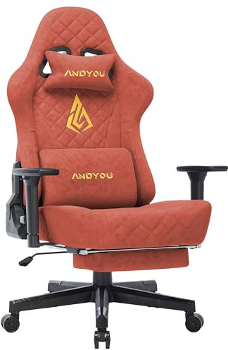 Andyou Gaming Stuhl Racing Gamer Sessel, Ergonomischer Gaming Chair Bürostuhl mit Verstellbare Lendenkissen, Fußstütze, Kopfkissen und Armlehnen, Vintage-PU-Leder 90-150°, Orange Red