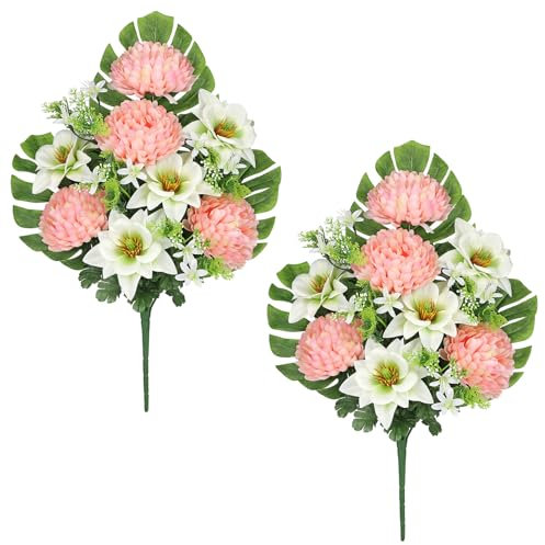 Oairse 2 pcs Artificial Flowers for Grave Artificial Chrysanthemum Flowers Bouquet Fake Lily Flowers Pink Silk Flowers Memorial Flowers for Flora Cemetery Arrangement Headstones Funeral Decoration