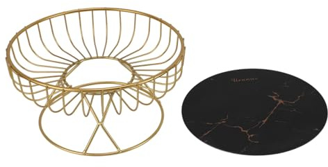 BAFOVY Large Round Iron Fruit Basket, Ventilated Metal Wire Fruit Holder, Smooth Hollowed Out Design, Storage for Kitchen Counter, Dining Table (L Black Background with Gold