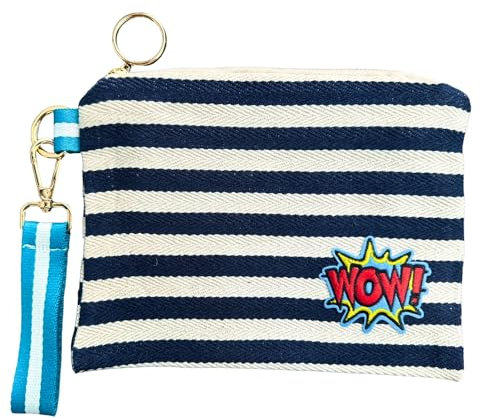 happymaker - Clutch blau weiss gestreift, kleine Handtasche Damen, Sommertasche Damen, Innentasche für Handtaschen, Stoffbeutel mit Reißverschluss und Karabiner