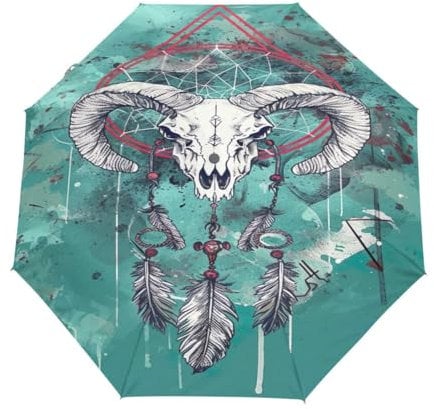 GAIREG African Woman Carrying Pot Travel Umbrella for Rain Small Compact Portable Folding Auto Open Umbrellas, Ram Skull and Feather, OneSize