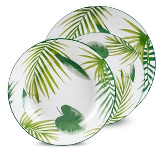 Servicio de platos de 18 piezas de porcelana con fantasía de naturaleza, blanco y verde – Juego ideal para servir primero, segundo y dulce en cualquier ocasión – Resistentes y fáciles de limpiar en